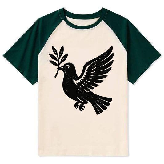Dove carrying olive branch - peace movement ink painting - Contrast Raglan T-shirt - Green