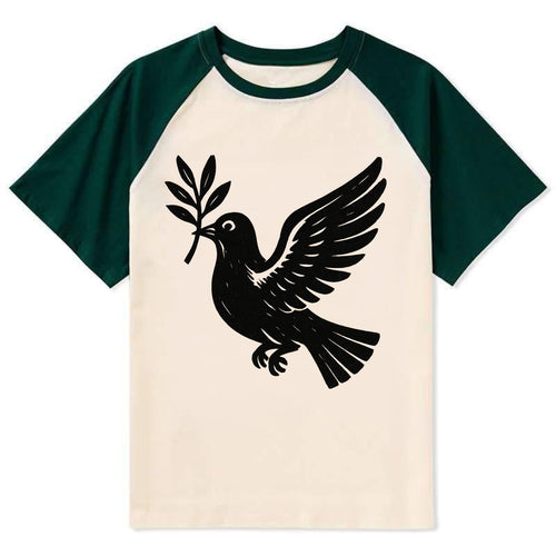 Dove carrying olive branch - peace movement ink painting - Contrast Raglan T-shirt