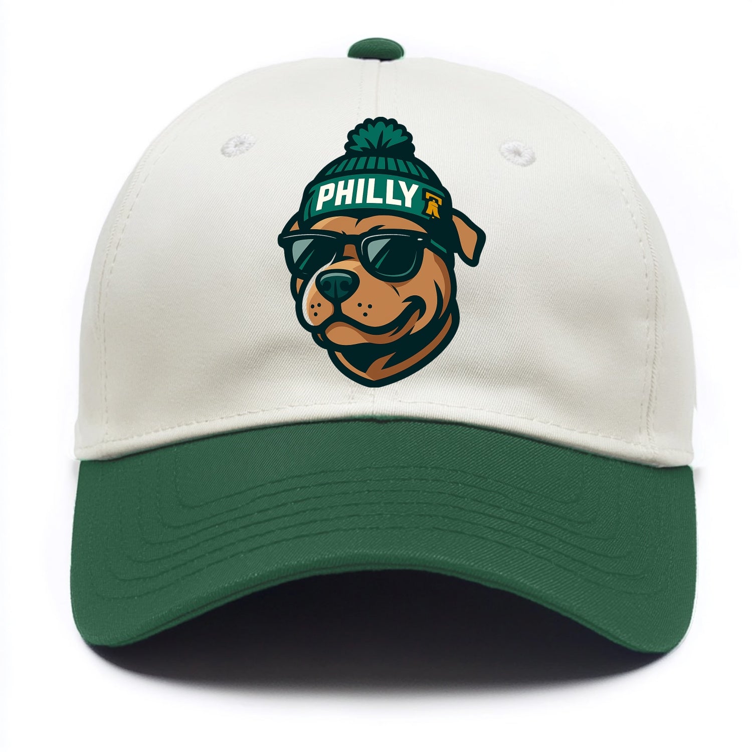 Philly Pitbull wearing Eagles beanie with Liberty Bell patch and wayfarer sunglasses - Two Tone Cap - Green