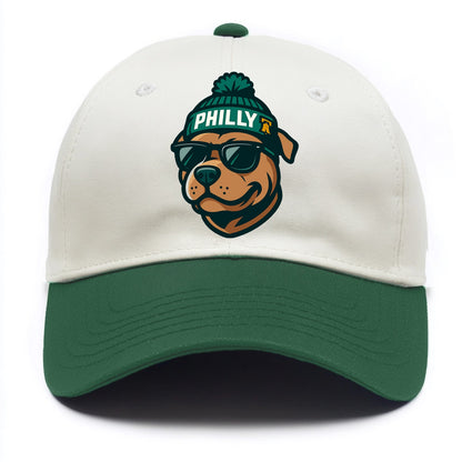 Philly Pitbull wearing Eagles beanie with Liberty Bell patch and wayfarer sunglasses - Two Tone Cap - Green
