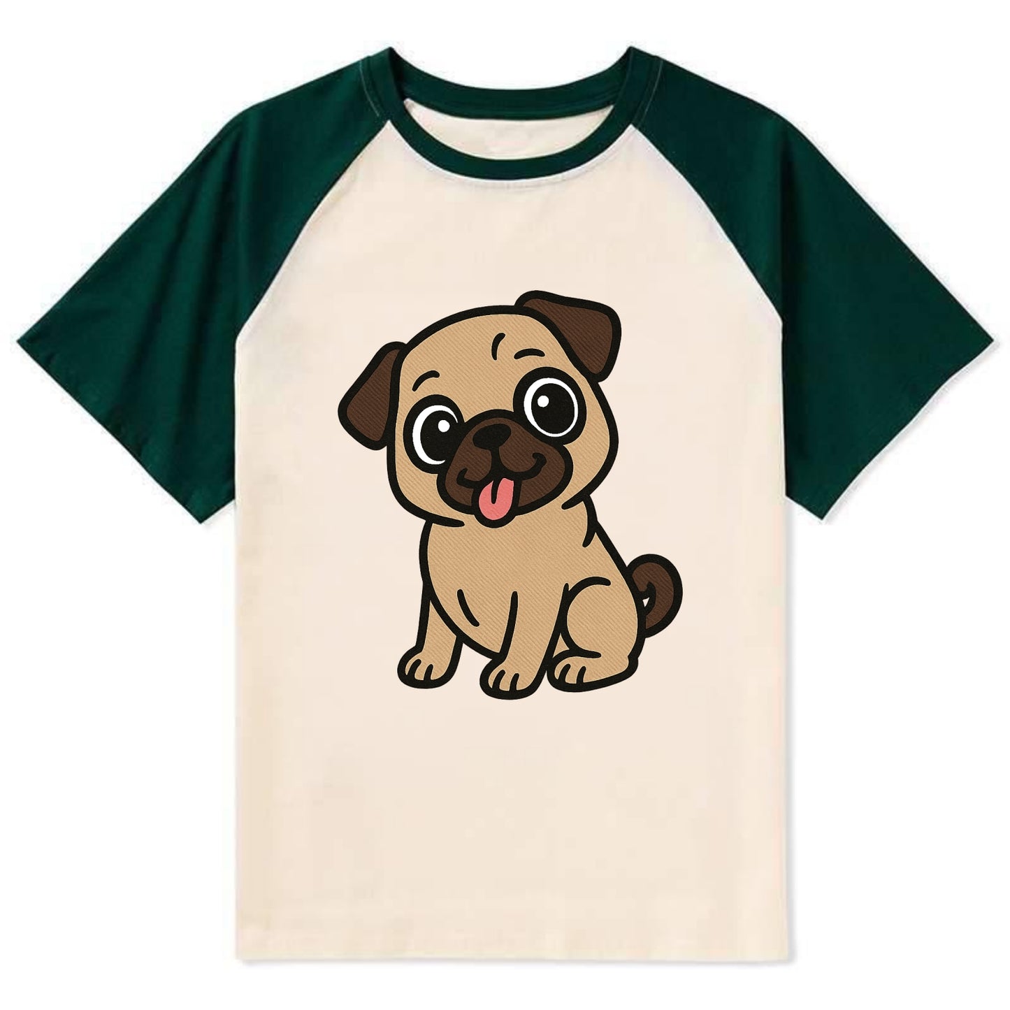 Pug - Tilted head with tongue out - Contrast Raglan T-shirt - Green
