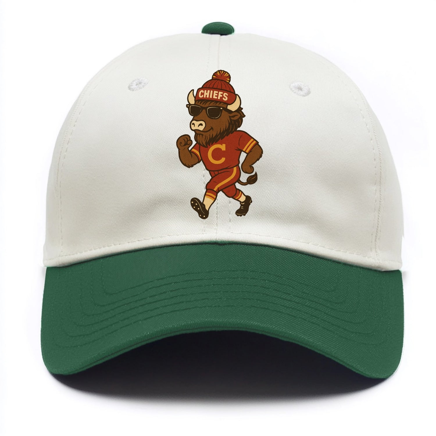 KC Bison wearing Chiefs beanie with arrowhead patch and wayfarer sunglasses - Two Tone Cap - Green