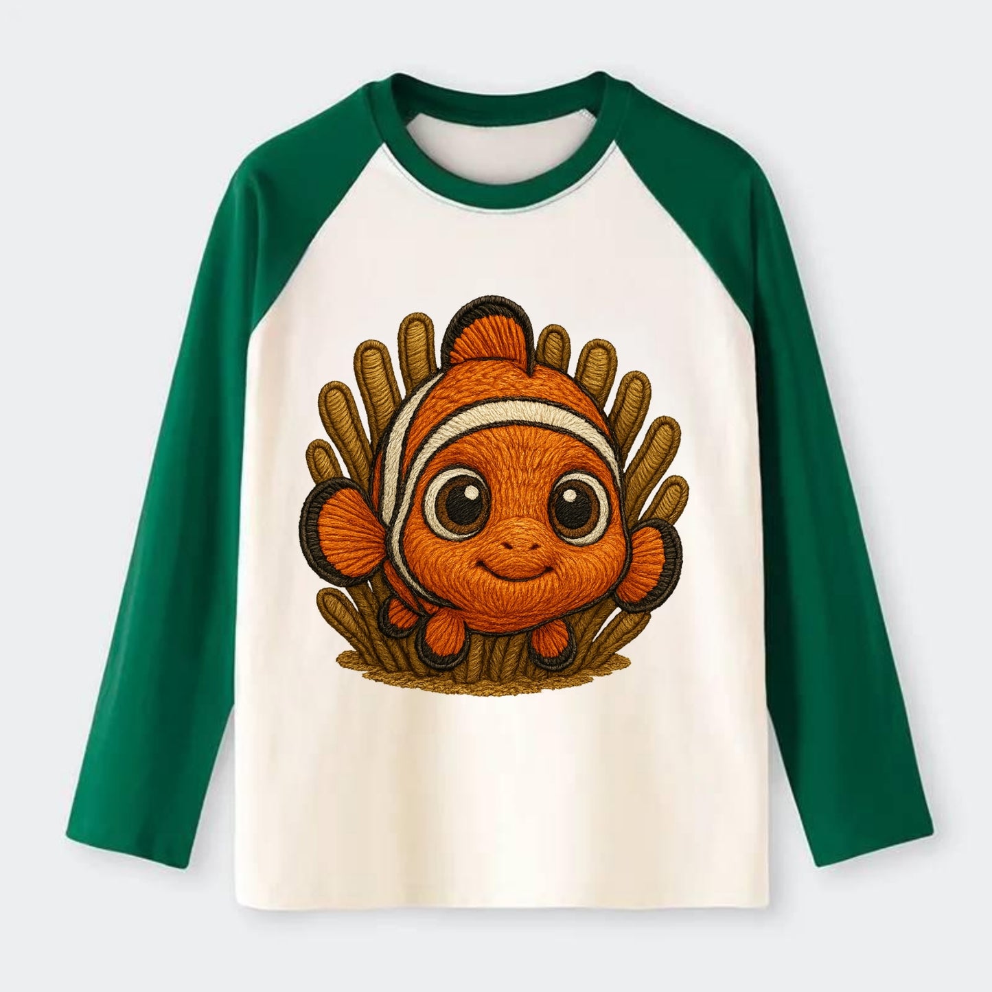 Baby Clownfish - orange with white stripes, big round eyes, - Raglan Long Sleeve T-Shirt - Green