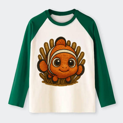 Baby Clownfish - orange with white stripes, big round eyes, - Raglan Long Sleeve T-Shirt - Green