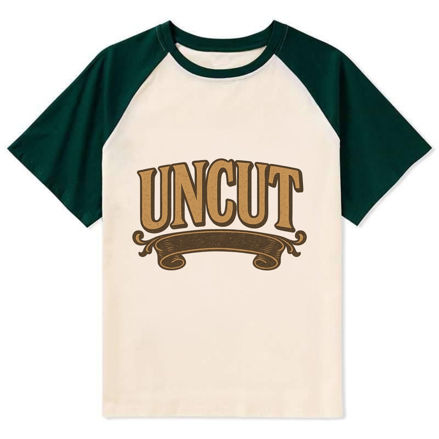 Bold typography design - "UNCUT" - pure, undiluted, authentic - Contrast Raglan T-shirt - Green