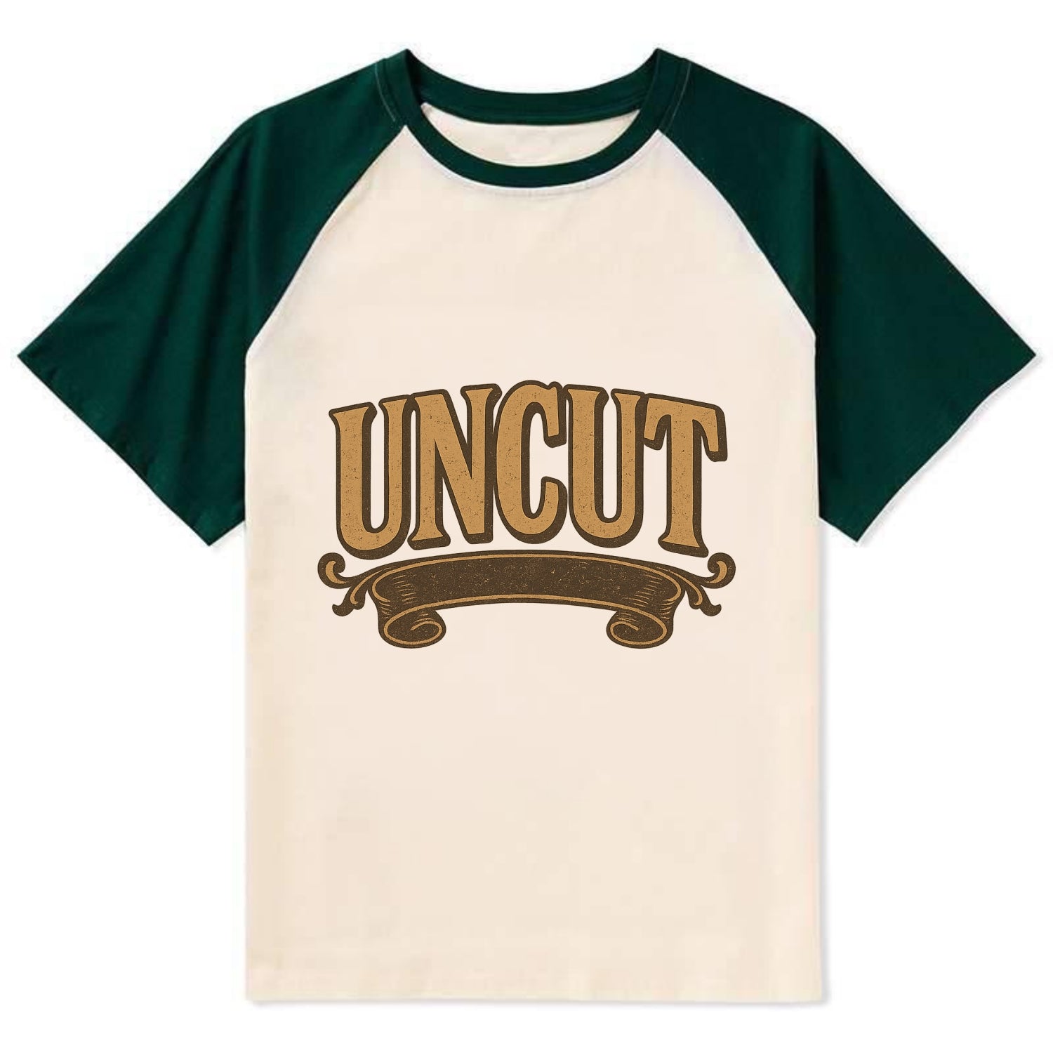 Bold typography design - "UNCUT" - pure, undiluted, authentic - Contrast Raglan T-shirt - Green