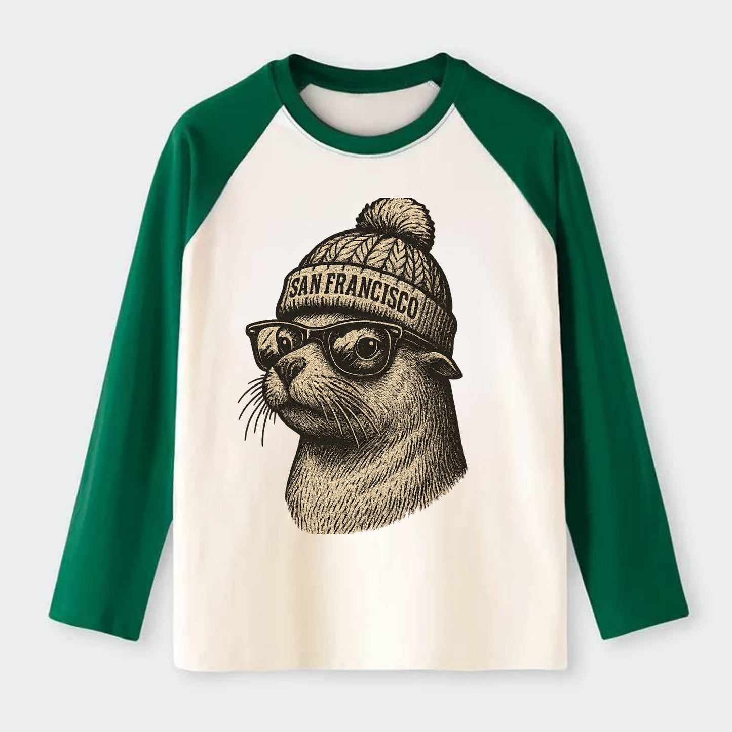 San Francisco Sea Lion wearing San Francisco beanie with pom pom and - Raglan Long Sleeve T-Shirt - Green