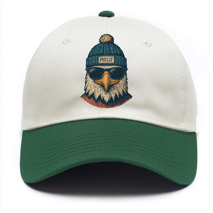 Philadelphia Eagle wearing Philly beanie with pom pom and wayfarer sunglasses - Two Tone Cap - Green