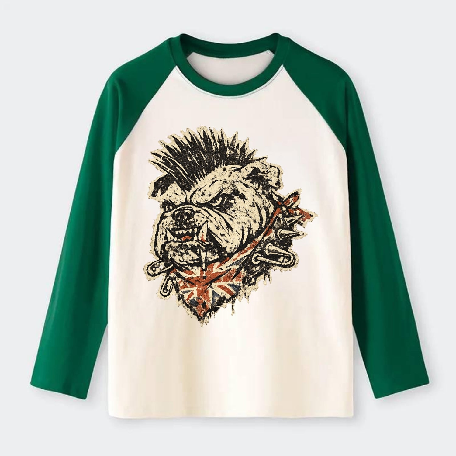 PUNK BULLDOG | British bulldog with mohawk | Safety pins through - Raglan Long Sleeve T-Shirt - Green