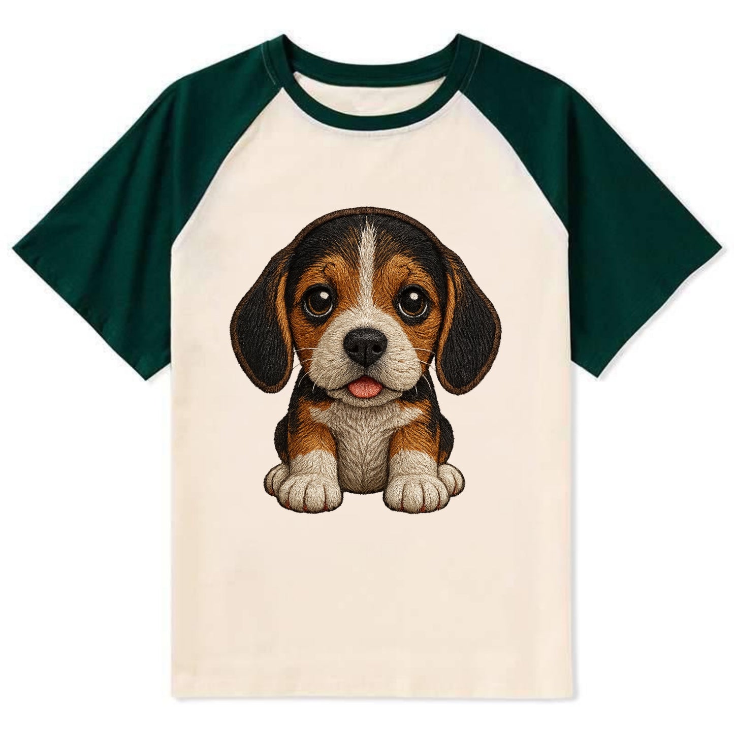Baby Beagle Puppy - tricolor coat, long droopy ears, big pleading eyes, - Contrast Raglan T-shirt - Green