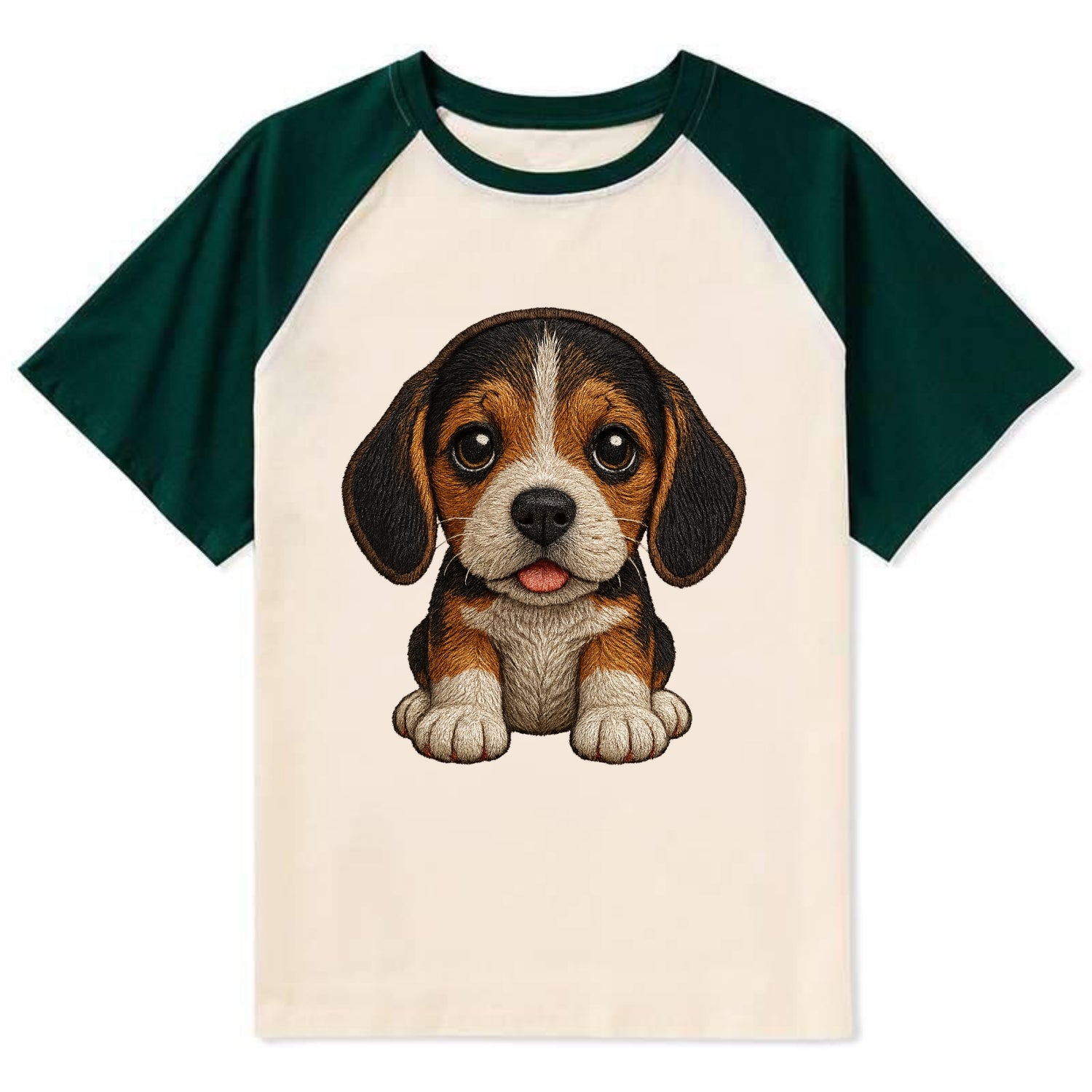 Baby Beagle Puppy - tricolor coat, long droopy ears, big pleading eyes, - Contrast Raglan T-shirt - Green