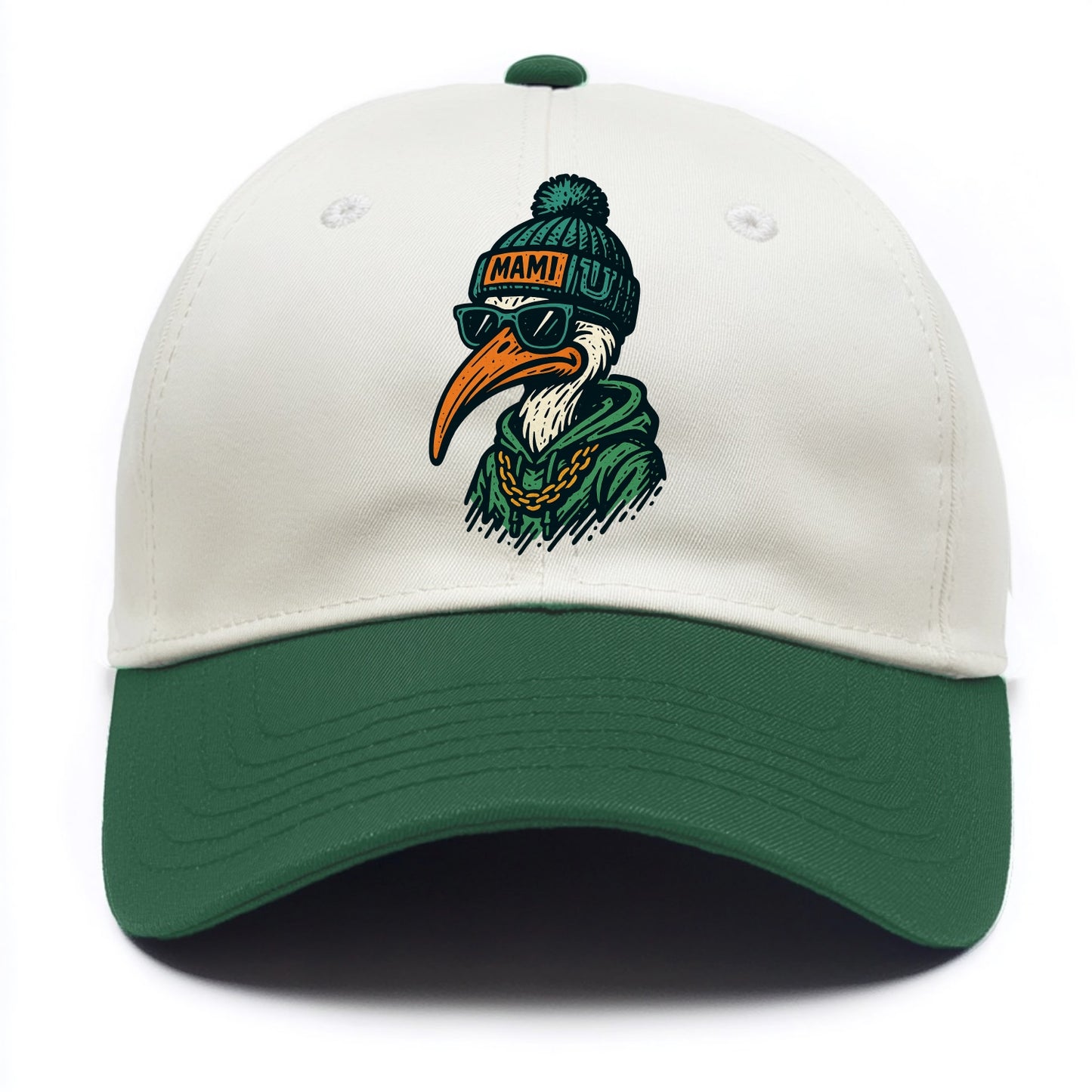 Coral Gables Ibis wearing Miami beanie with U patch - Two Tone Cap - Green