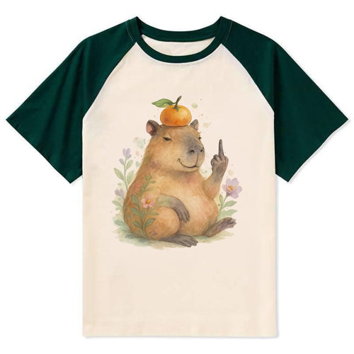 chonky capybara relaxing with orange on head, one webbed middle finger up - Contrast Raglan T-shirt