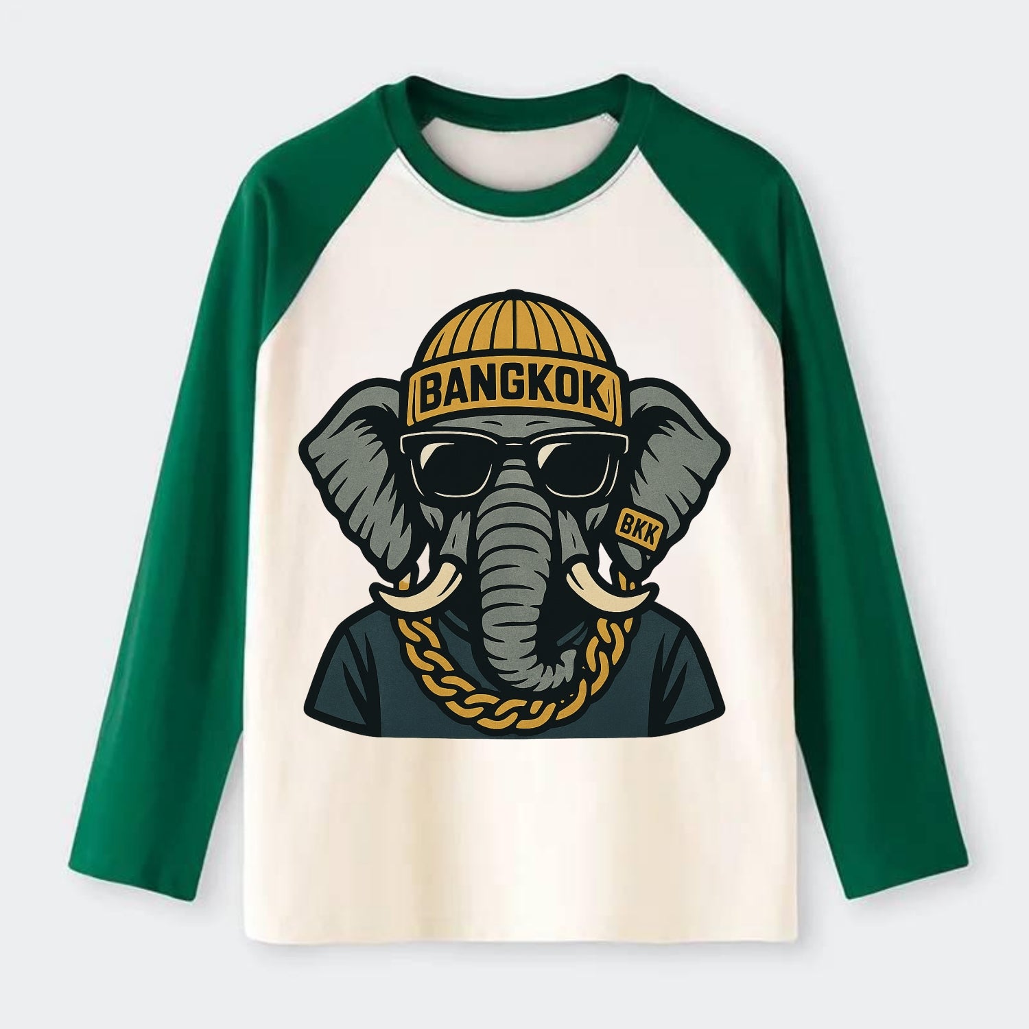 Bangkok Elephant - Raglan Long Sleeve T-Shirt - Green
