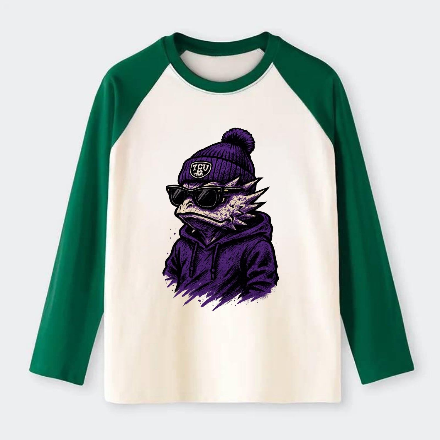 Fort Worth Horned Frog wearing TCU beanie with frog patch - Raglan Long Sleeve T-Shirt - Green