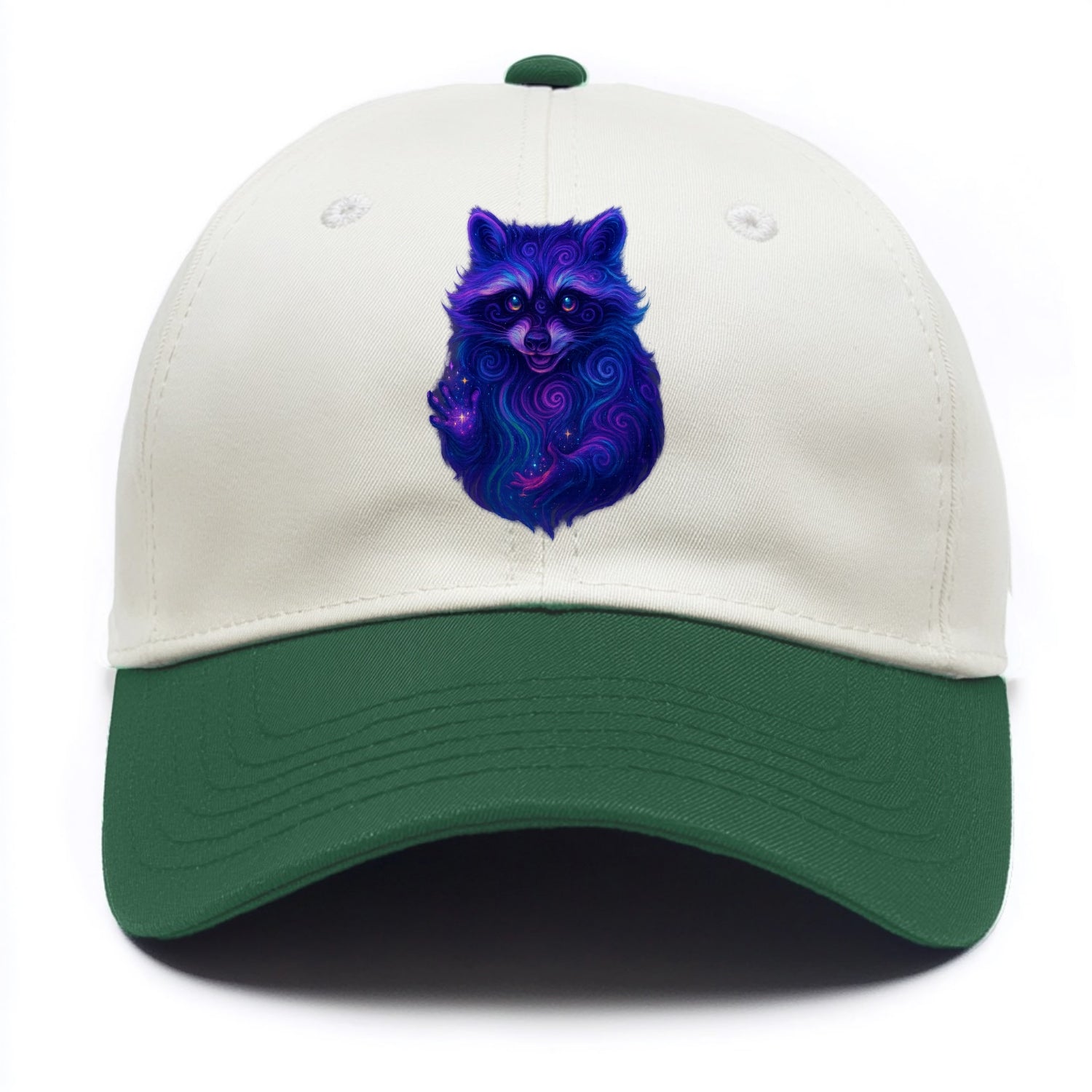 Playful raccoon with mask swirling in hypnotic patterns, neon purple and green fur - Two Tone Cap - Green