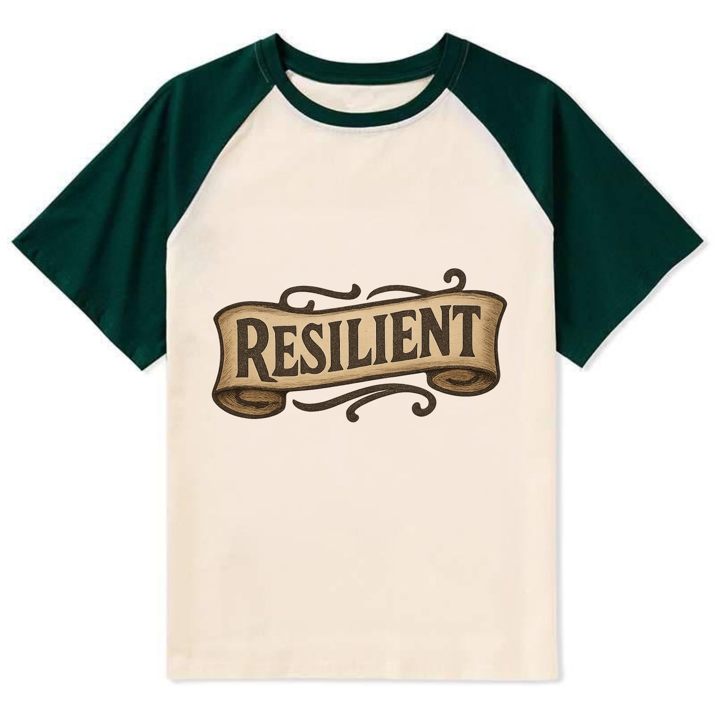 Bold typography design - "RESILIENT" - bouncing back, unbreakable spirit - Contrast Raglan T-shirt - Green