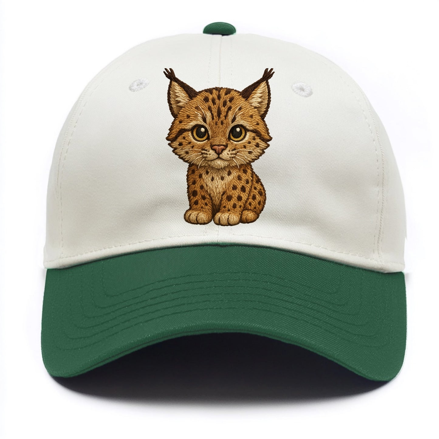 Baby Lynx Cub - tufted ears, spotted fur, golden eyes, front-facing, wild baby - Two Tone Cap - Green