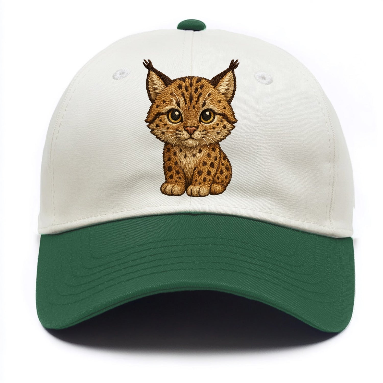Baby Lynx Cub - tufted ears, spotted fur, golden eyes, front-facing, wild baby - Two Tone Cap - Green