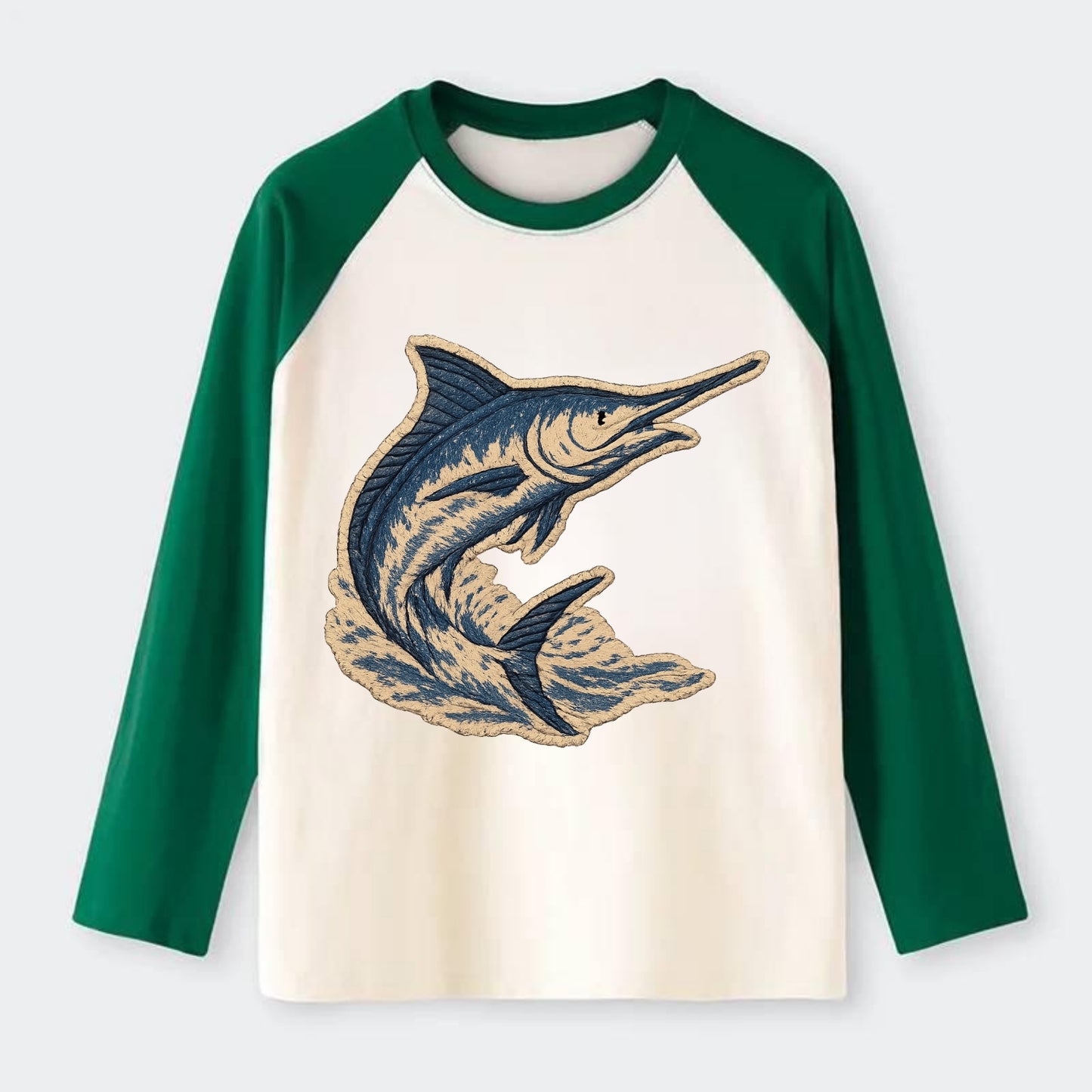 SWORDFISH MARLIN - leaping marlin in blue and silver , sport fishing - Raglan Long Sleeve T-Shirt - Green