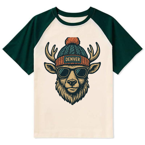 Denver Elk wearing Denver beanie with pom pom and wayfarer sunglasses - Contrast Raglan T-shirt