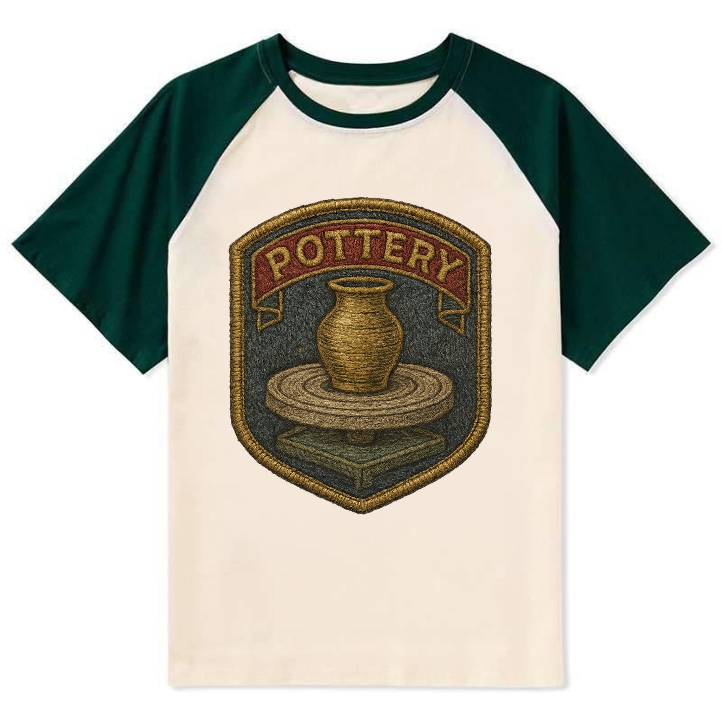 Pottery wheel with clay vessel - ceramicist symbol - Contrast Raglan T-shirt - Green