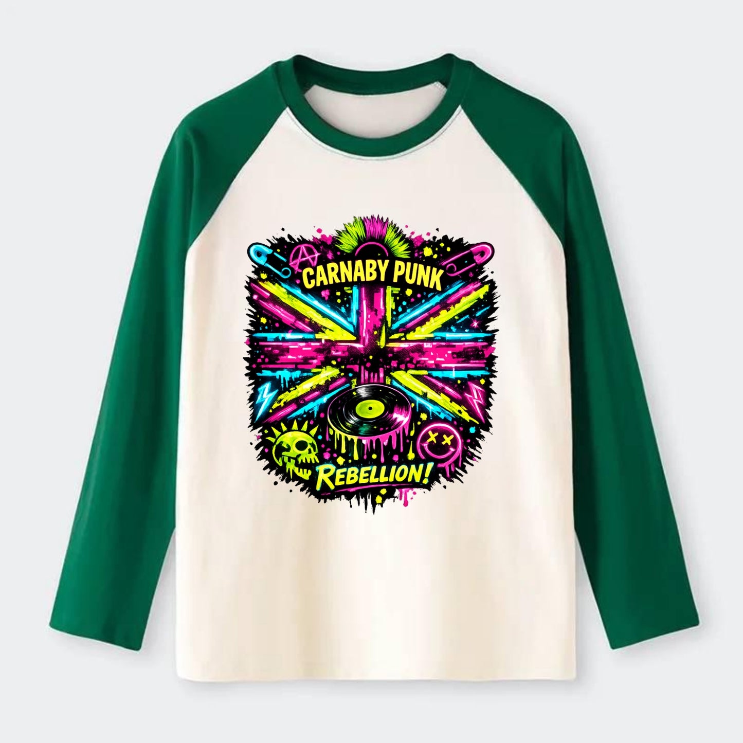 CARNABY PUNK | Swinging 60s meets 70s punk | Psychedelic Union Jack - Raglan Long Sleeve T-Shirt - Green