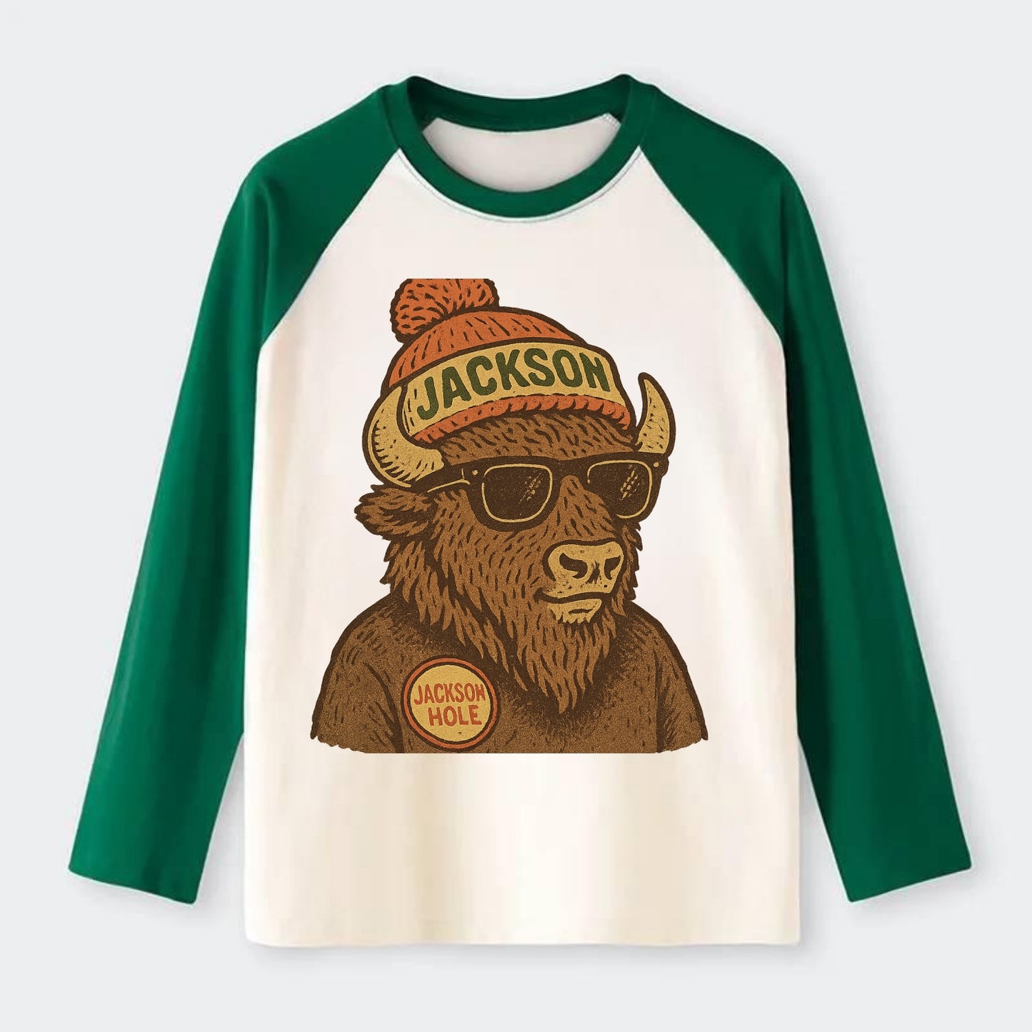 Jackson Hole Bison wearing Jackson beanie with pom pom and wayfarer - Raglan Long Sleeve T-Shirt - Green