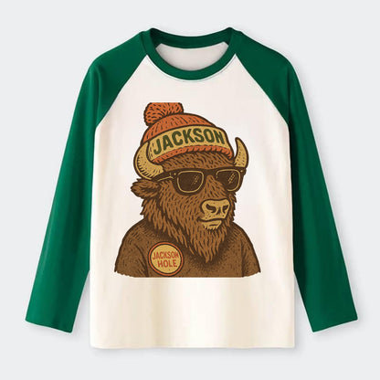 Jackson Hole Bison wearing Jackson beanie with pom pom and wayfarer - Raglan Long Sleeve T-Shirt - Green