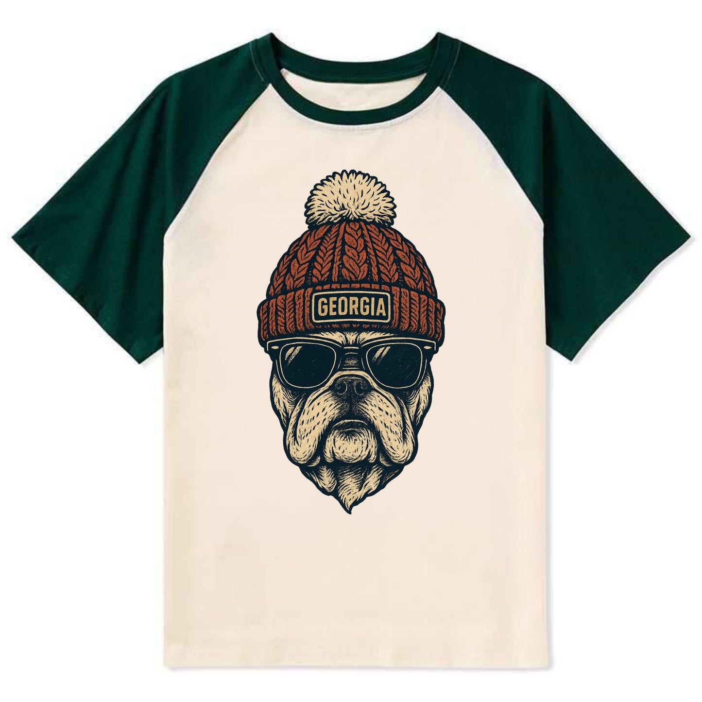 Athens Bulldog wearing Georgia beanie wi - Contrast Raglan T-shirt - Green