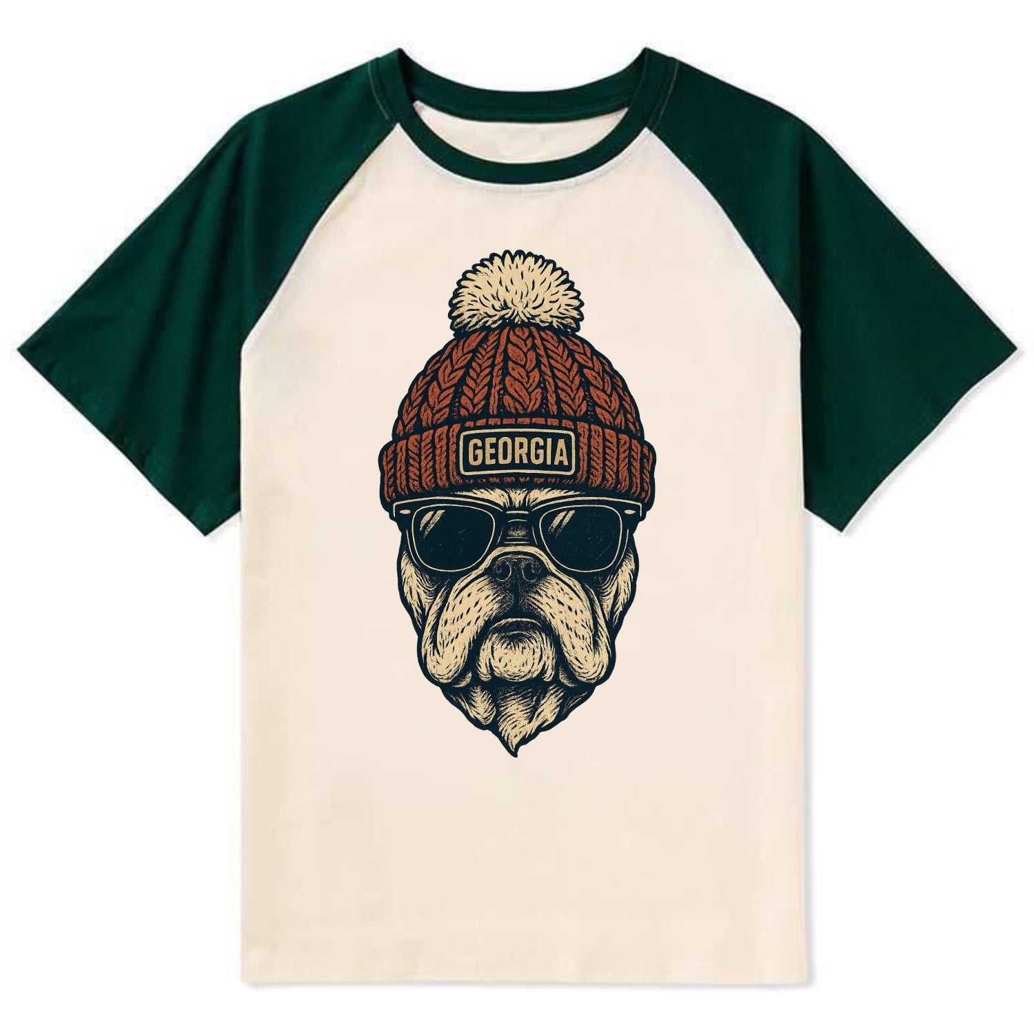 Athens Bulldog wearing Georgia beanie wi - Contrast Raglan T-shirt - Green
