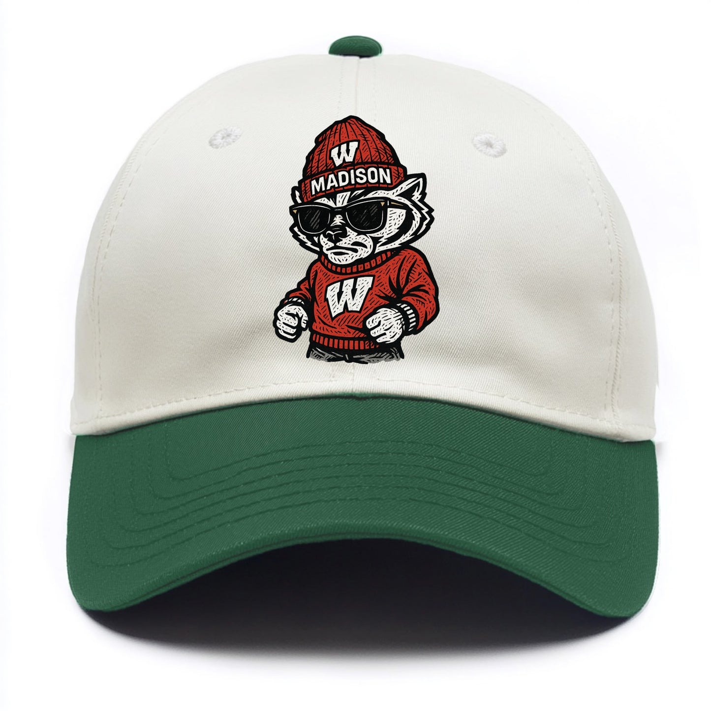 Madison Badger wearing Wisconsin beanie with motion W patch - Two Tone Cap - Green