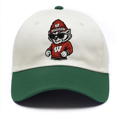 Madison Badger wearing Wisconsin beanie with motion W patch - Two Tone Cap - Green