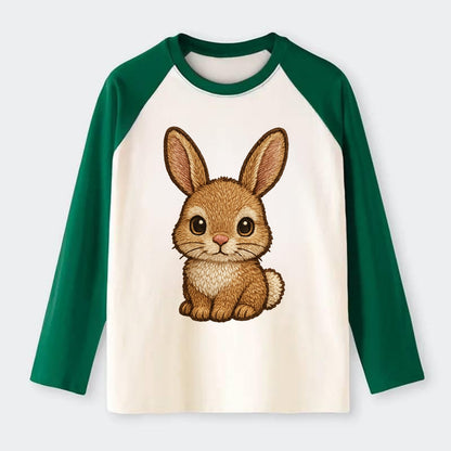 Baby Rabbit - long ears, fluffy white tail, pink nose, large brown - Raglan Long Sleeve T-Shirt - Green