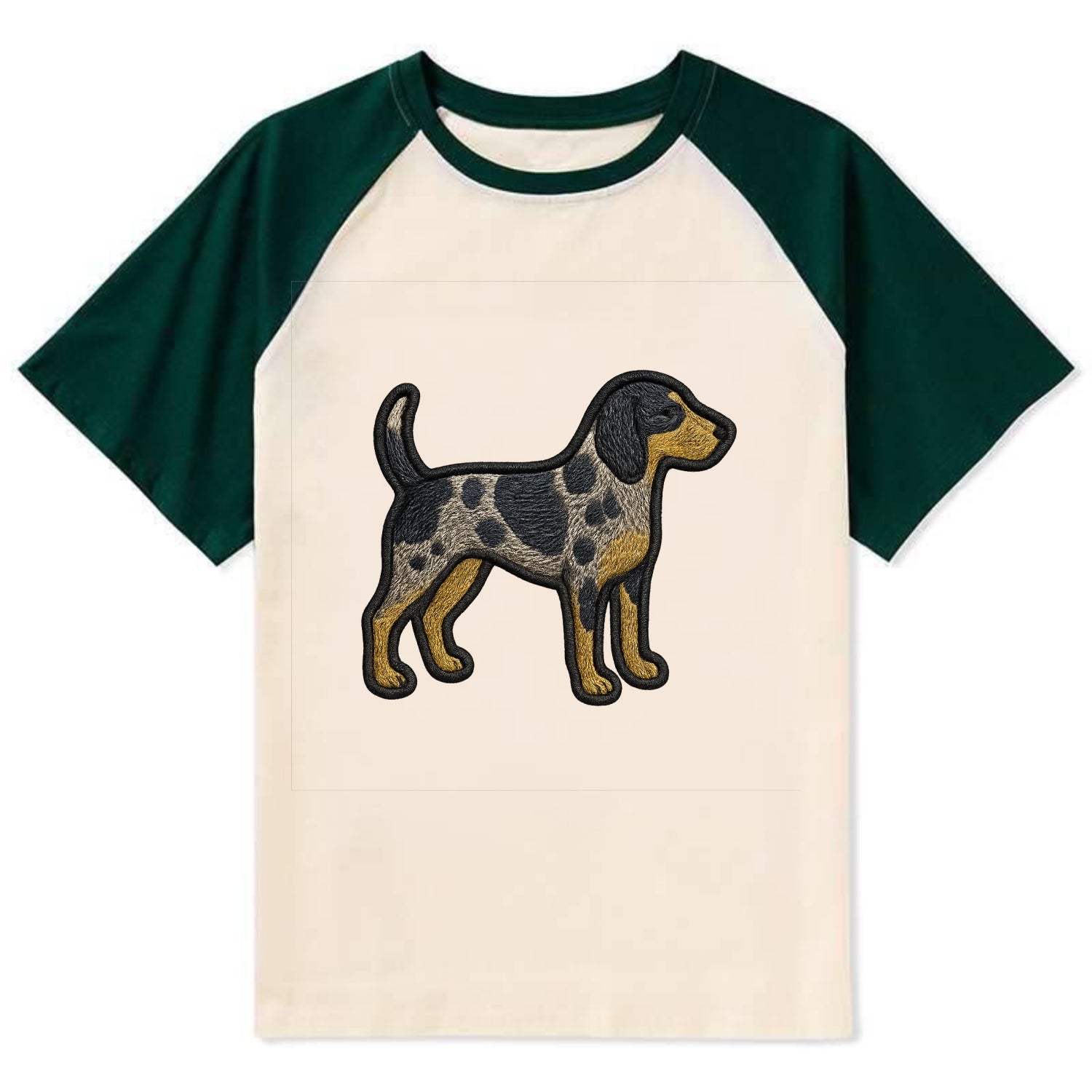 Bluetick Coonhound - Trendy spotted hound logo with prominent black border - Contrast Raglan T-shirt - Green