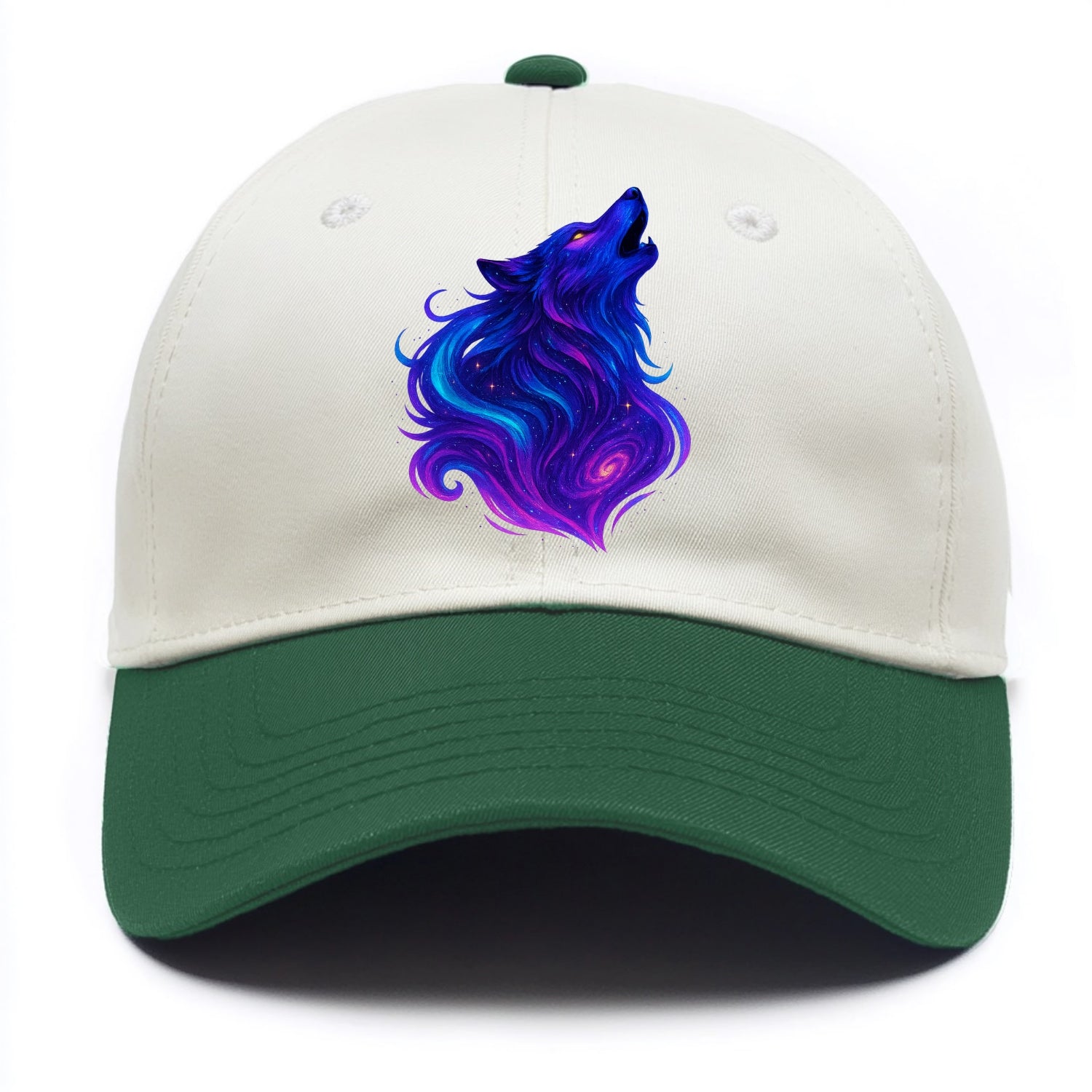 Noble wolf with flowing fur that transforms into aurora borealis streams, cyan and - Two Tone Cap - Green