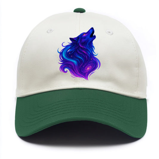 Noble wolf with flowing fur that transforms into aurora borealis streams, cyan and - Two Tone Cap - Green