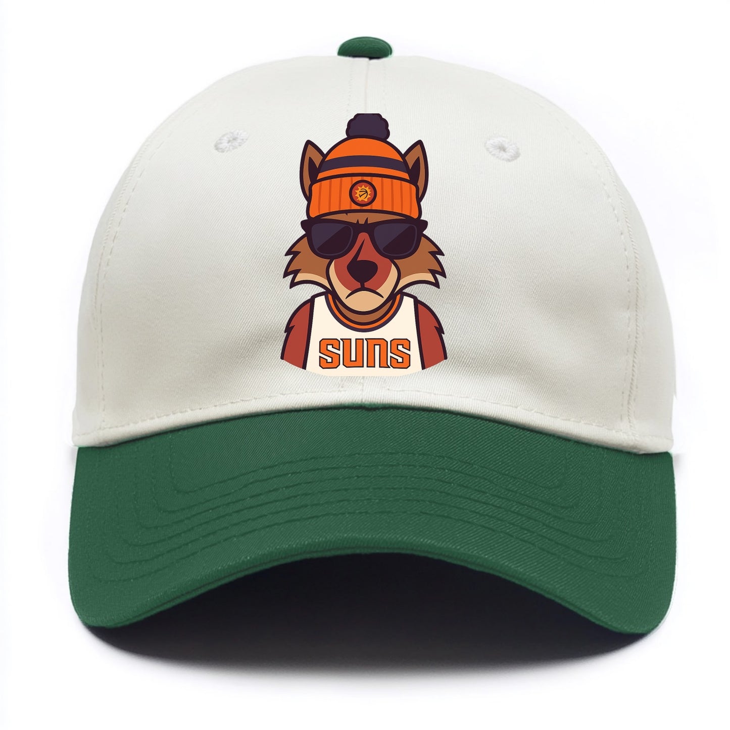 Arizona Coyote wearing Suns beanie with desert sun patch and wayfarer sunglasses - Two Tone Cap - Green