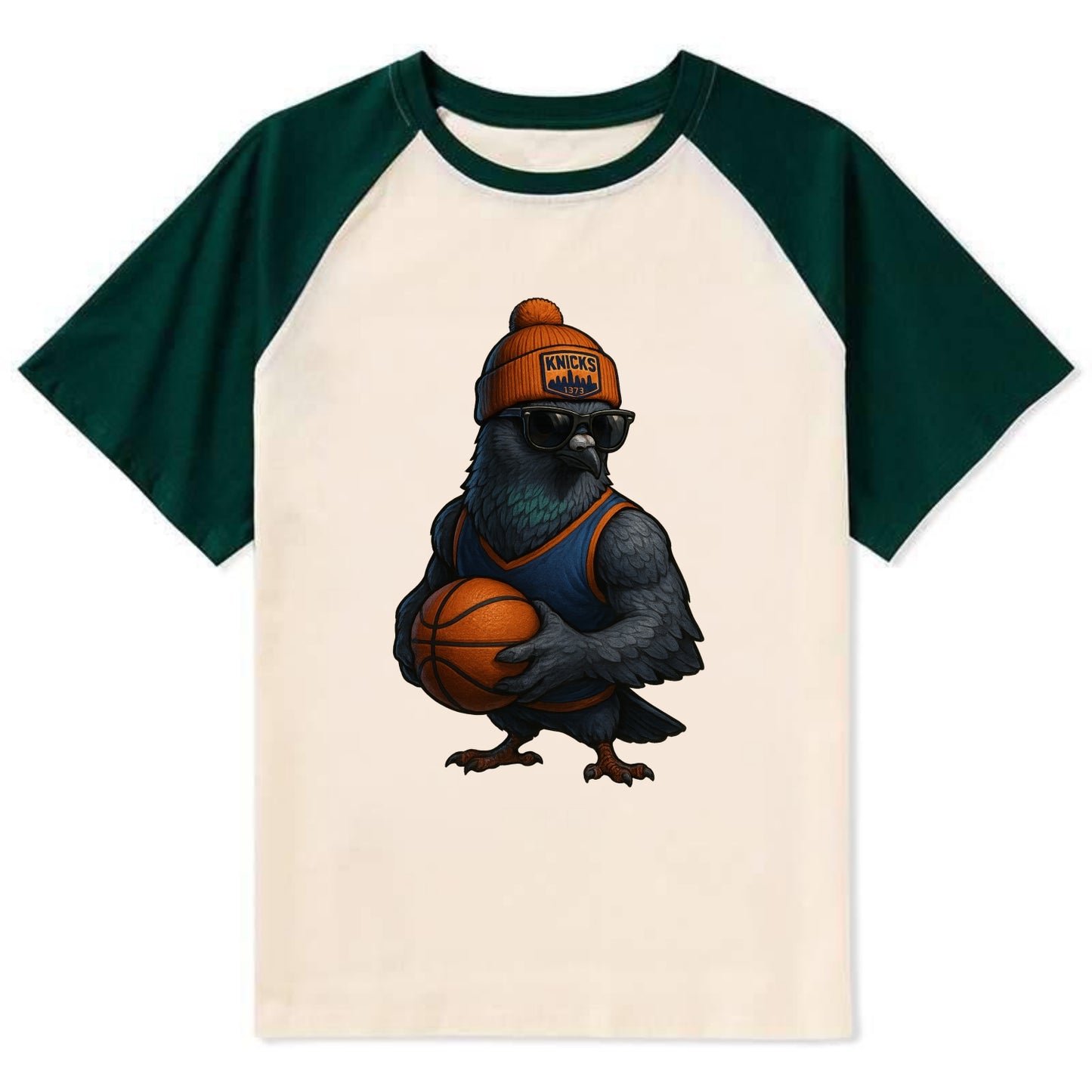 Manhattan Pigeon wearing Knicks beanie with skyline patch and wayfarer - Contrast Raglan T-shirt - Green