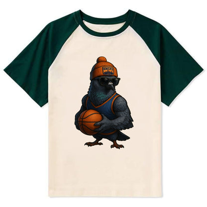 Manhattan Pigeon wearing Knicks beanie with skyline patch and wayfarer - Contrast Raglan T-shirt - Green