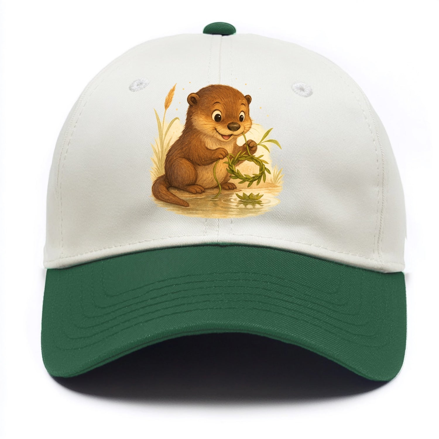 Otter weaving river reeds into a floating crown beside mirror-still water - Two Tone Cap - Green