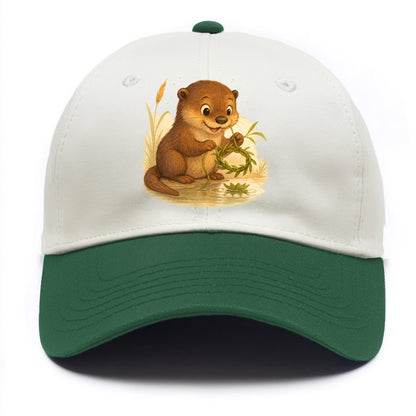 Otter weaving river reeds into a floating crown beside mirror-still water - Two Tone Cap - Green