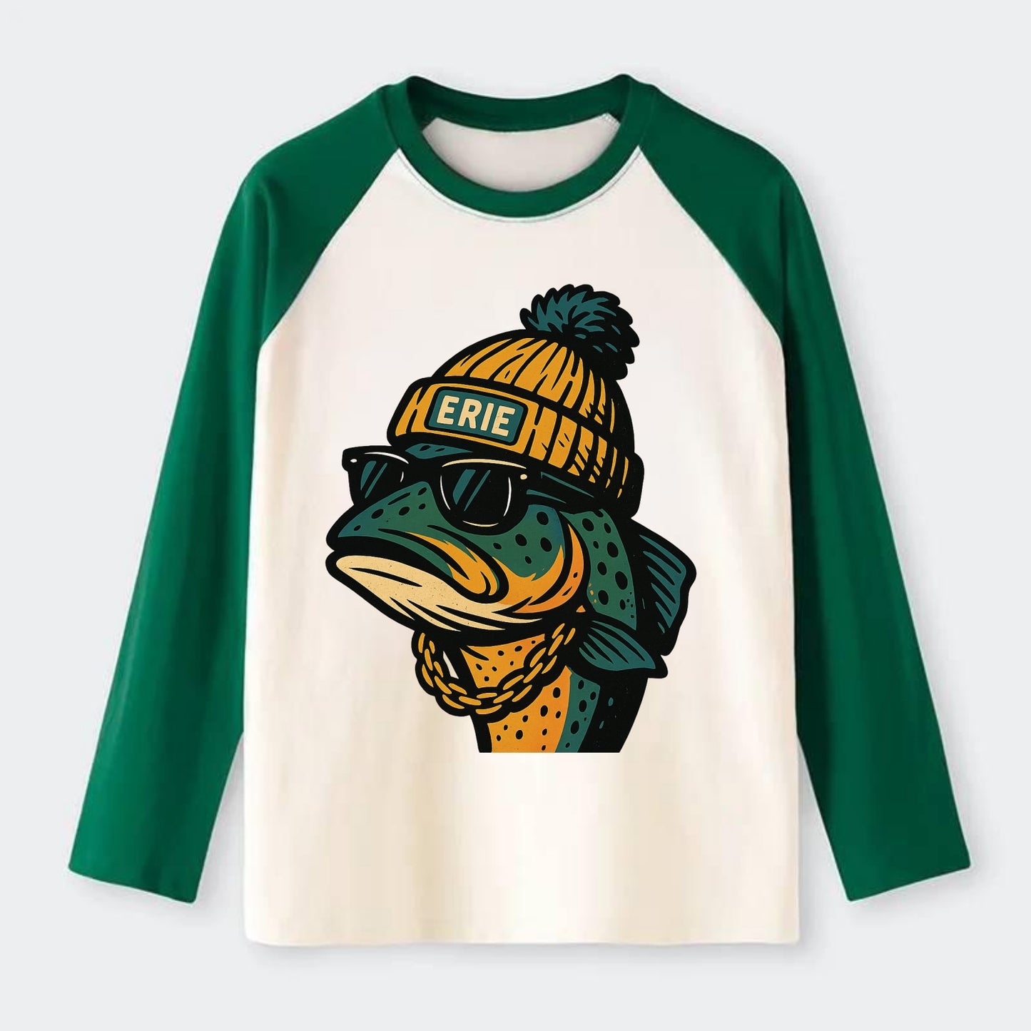 Erie Lake Trout wearing Erie beanie with pom pom and wayfarer - Raglan Long Sleeve T-Shirt - Green