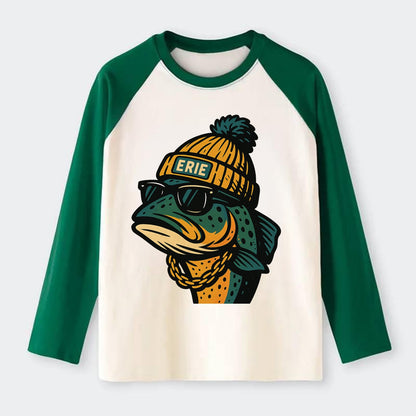 Erie Lake Trout wearing Erie beanie with pom pom and wayfarer - Raglan Long Sleeve T-Shirt - Green
