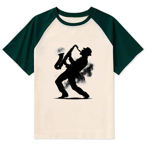 Saxophonist playing jazz in smoky room - Contrast Raglan T-shirt