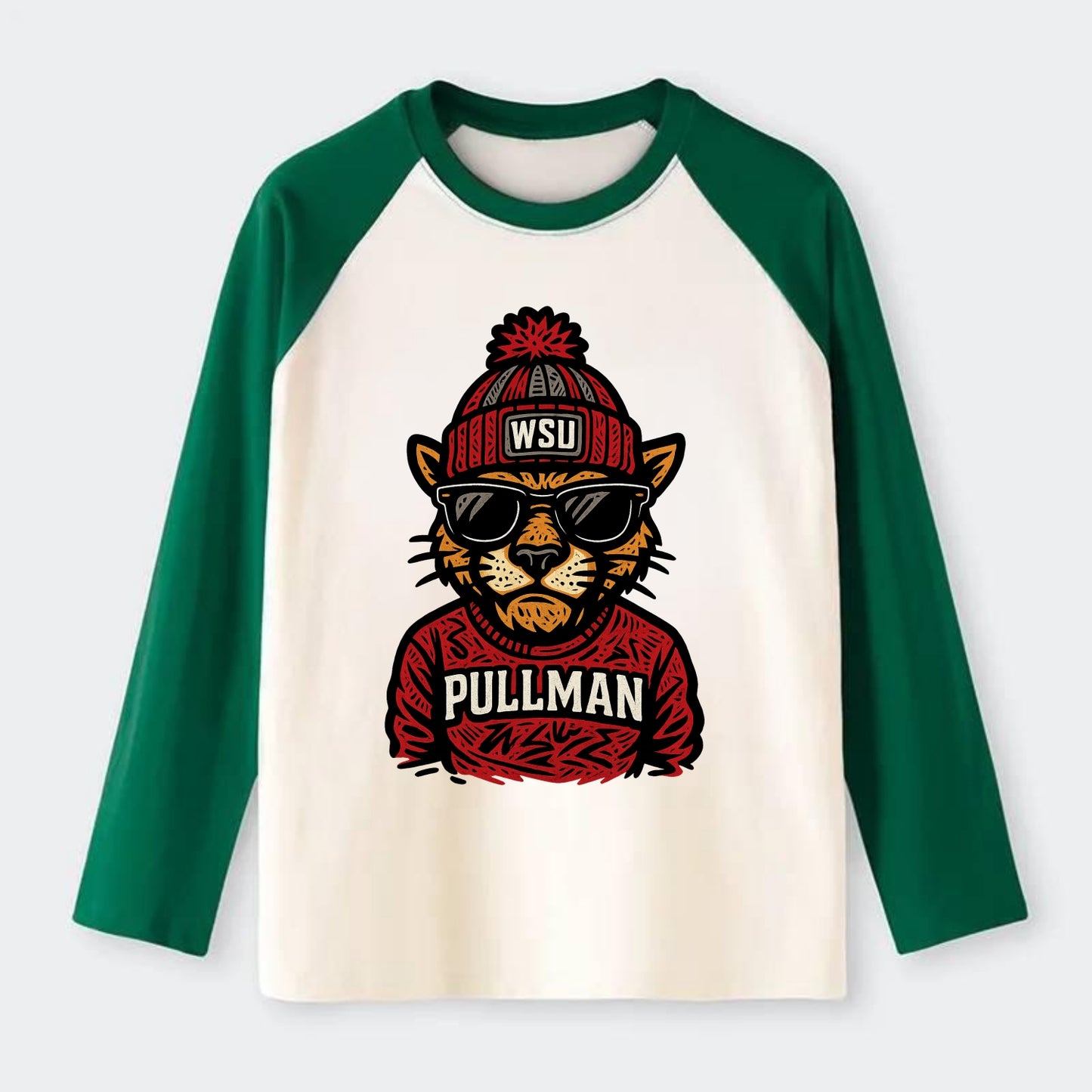 Pullman Cougar wearing Washington State beanie with WSU patch - Raglan Long Sleeve T-Shirt - Green