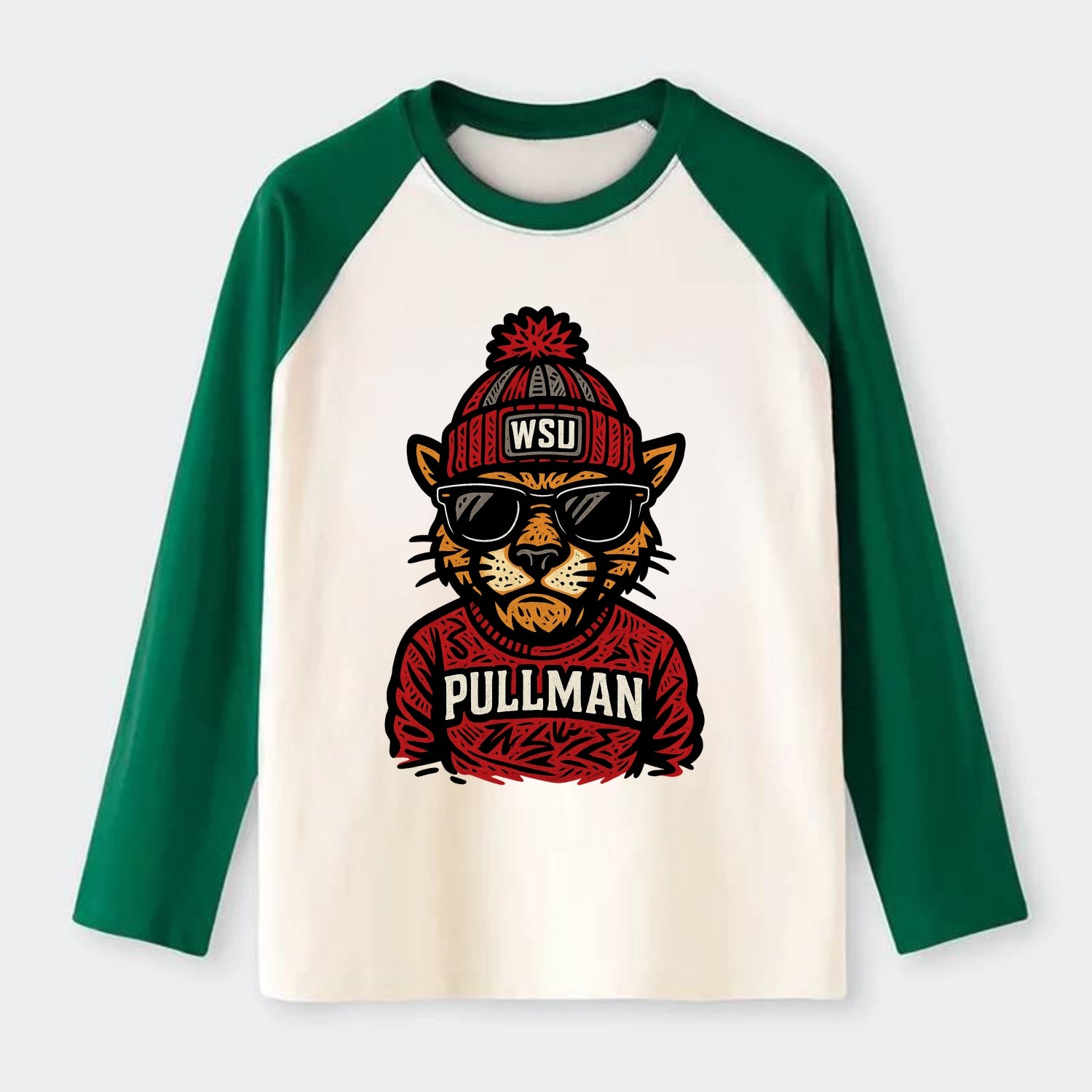 Pullman Cougar wearing Washington State beanie with WSU patch - Raglan Long Sleeve T-Shirt - Green