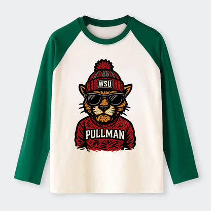 Pullman Cougar wearing Washington State beanie with WSU patch - Raglan Long Sleeve T-Shirt - Green