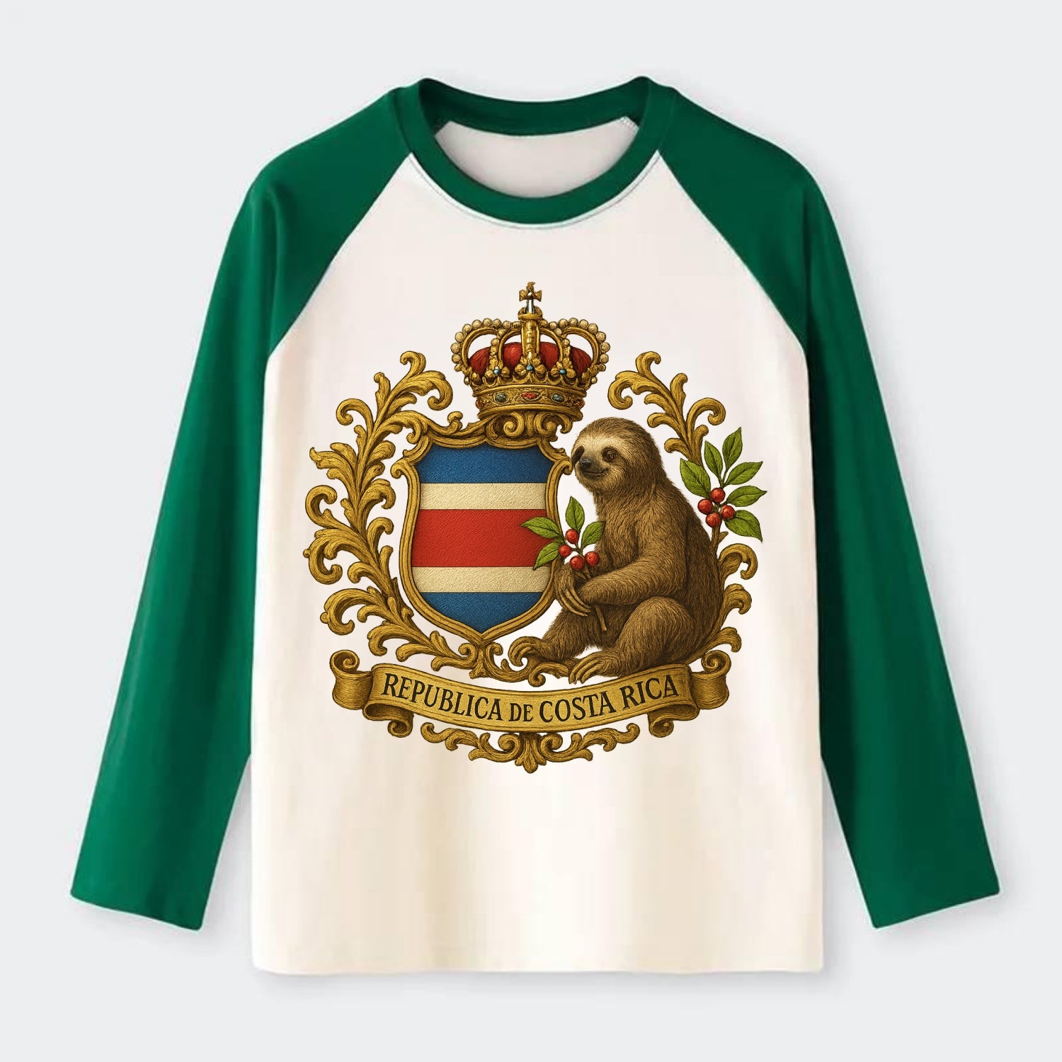Costa Rica Sloth Emblem - Raglan Long Sleeve T-Shirt - Green