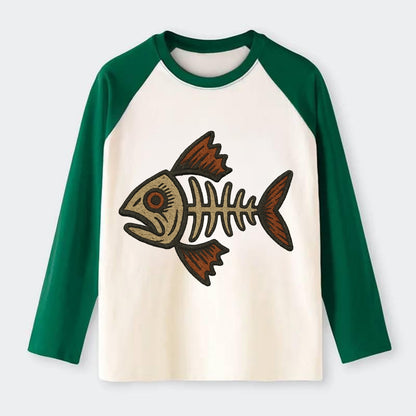 Fish Skeleton  - Raglan Long Sleeve T-Shirt - Green